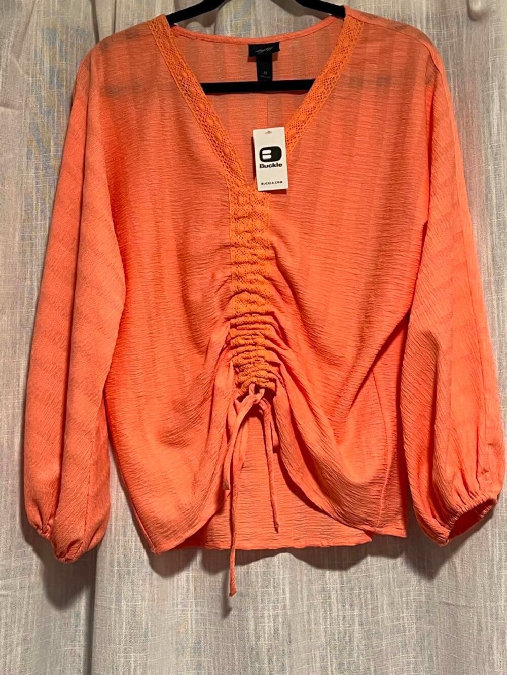 Daytrip Cinch Tie Top Crochet Trim "Fusion Coral" Size M